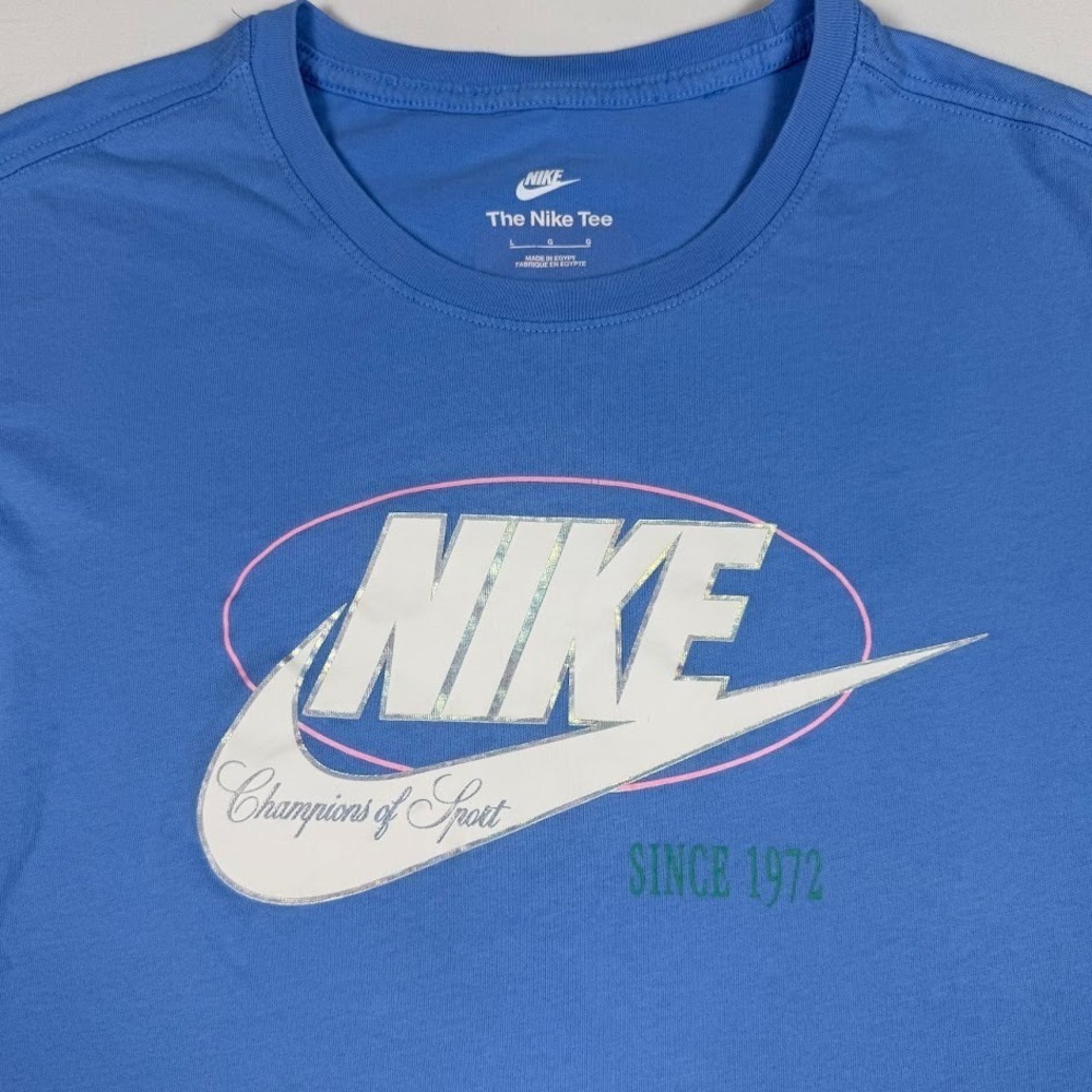 Nike Shirt Mens Large Blue Champions Of Sport 1972 Graphic Logo Patch Swoosh